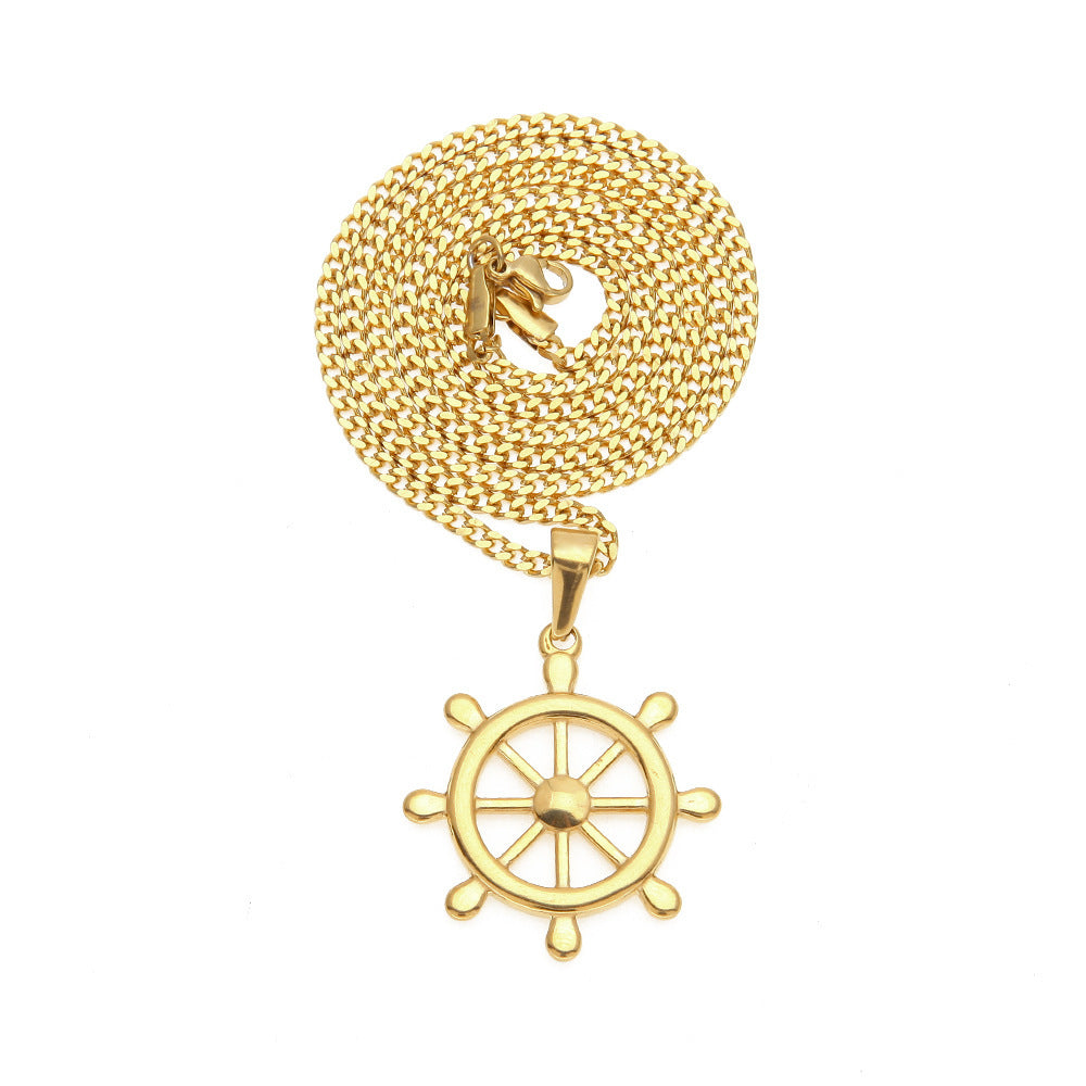 Gold Plated Nautical Ship Wheel Anchor Pendant Necklace with Cuban Chain, Stainless Steel Hip Hop Statement Jewelry