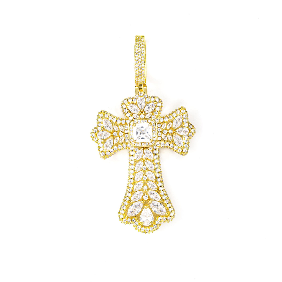 Cross Pendant Necklace with Cubic Zirconia Pave, 3MM Twist Chain, 24 Inch, White Tone or Yellow Tone, Hip Hop Style Jewelry product image