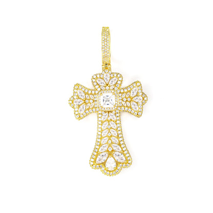 Cross Pendant Necklace with Cubic Zirconia Pave, 3MM Twist Chain, 24 Inch, White Tone or Yellow Tone, Hip Hop Style Jewelry