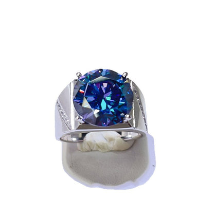 Men’s Blue Moissanite Ring Oversized Round Statement Ring with Side Accents