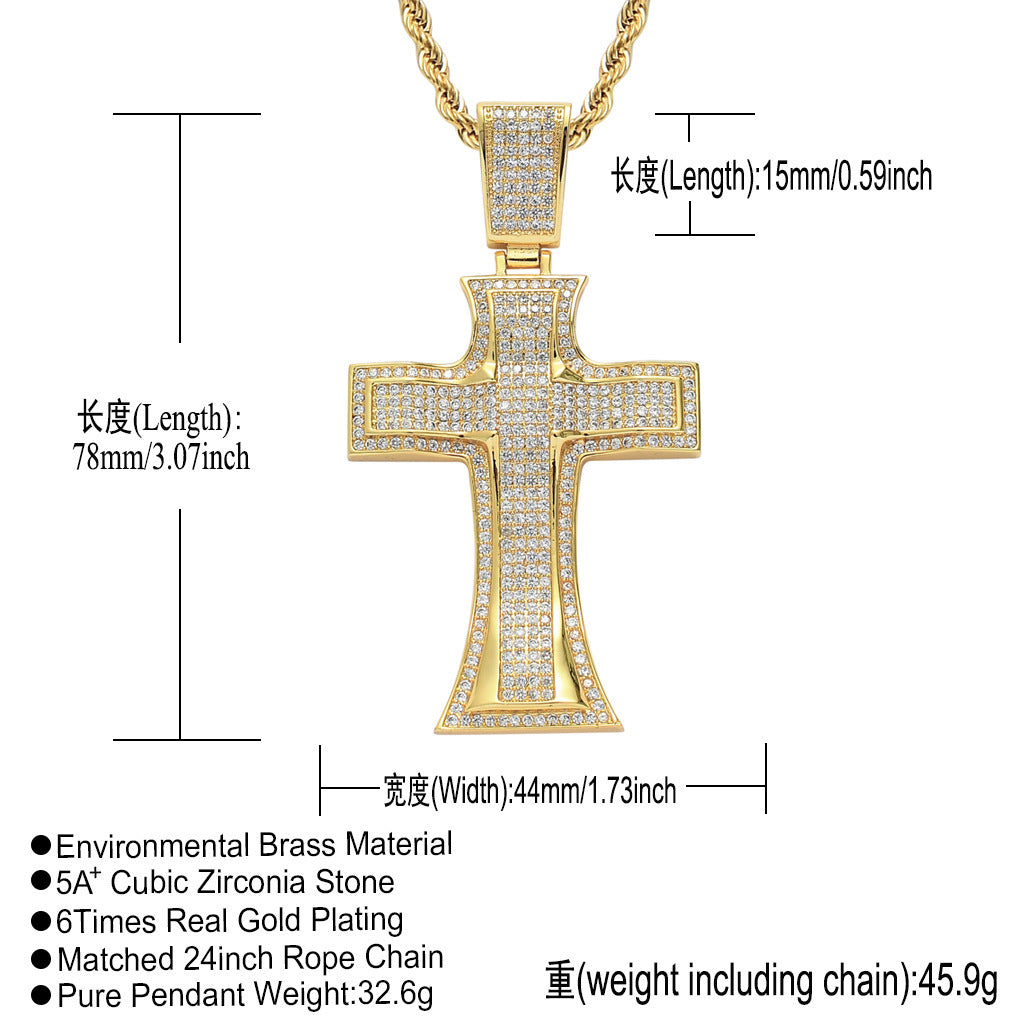 Hip Hop Vintage Cross Diamond Shape Cubic Zirconia Pendant Necklace for Men and Women