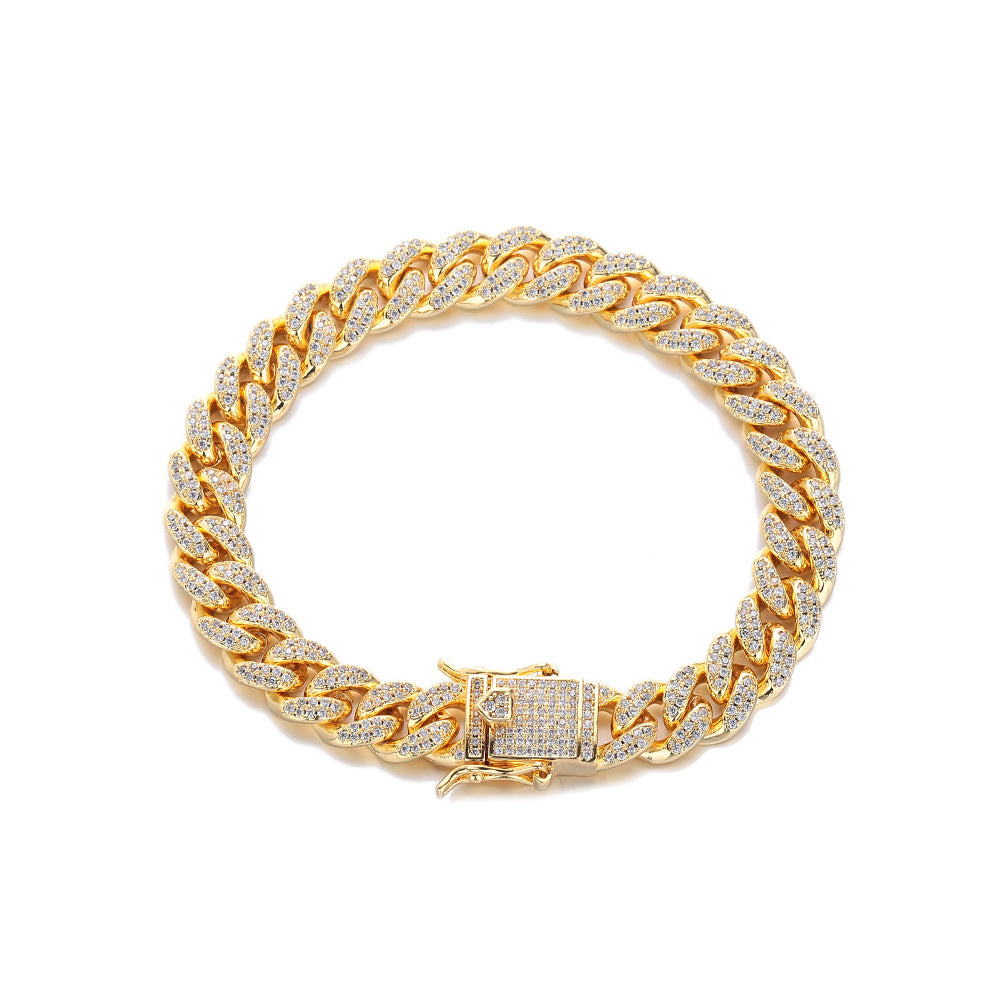 10mm Iced Out Cuban Link Bracelet, Zircon Hip Hop Chain for Men Women