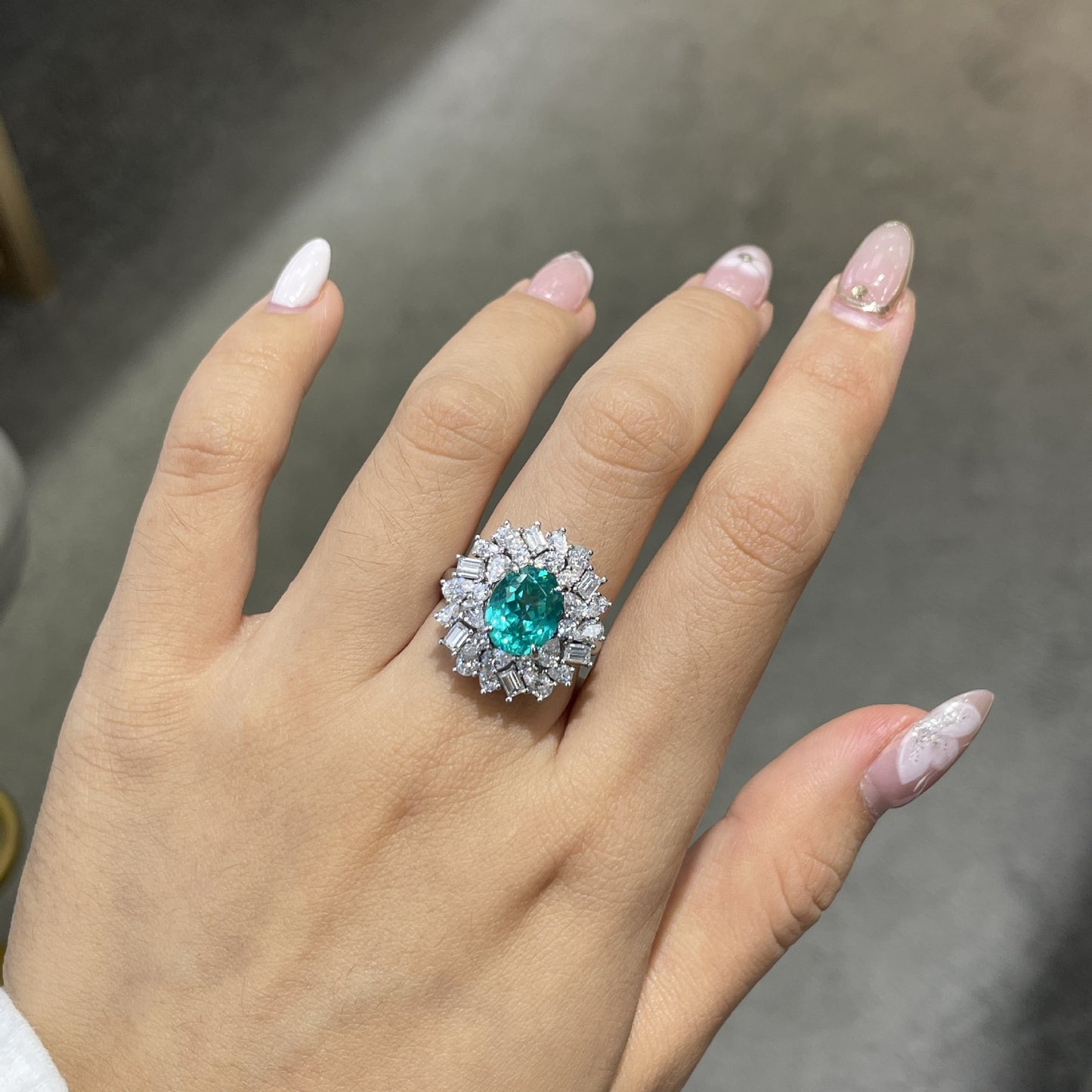 925 Silver Paraiba-Style Halo Ring, Lab-Created Blue-Green Gemstone product image