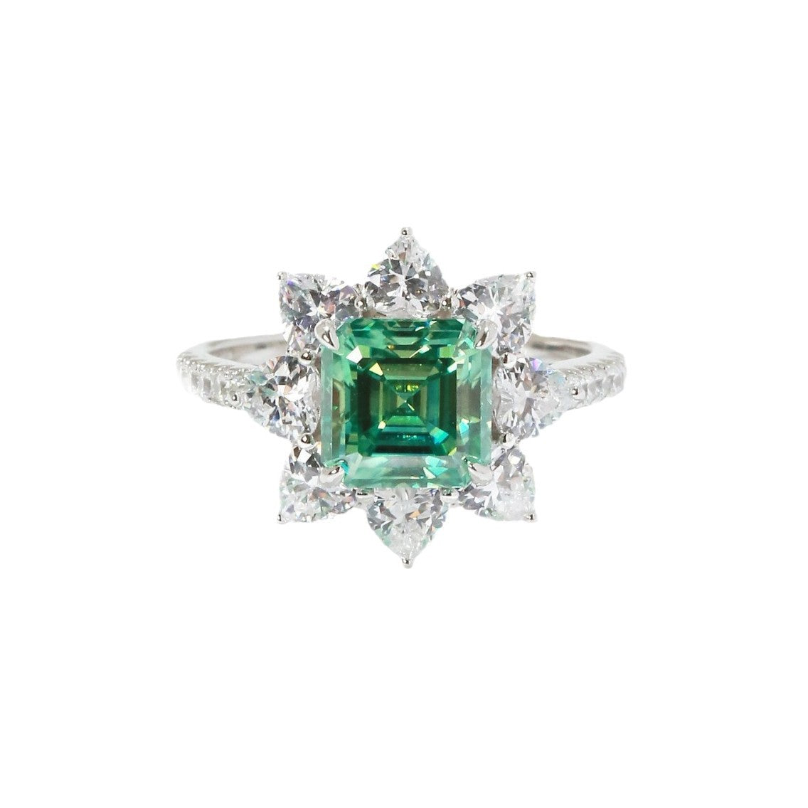 Green Asscher-cut moissanite halo ring in white-gold-plated 925 silver product image