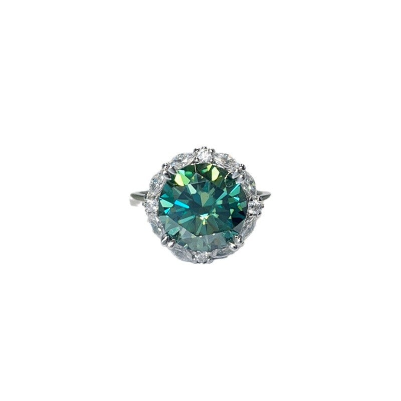 Green Moissanite Halo Ring for Women, Round Center Stone with Marquise Side Accent Design product image