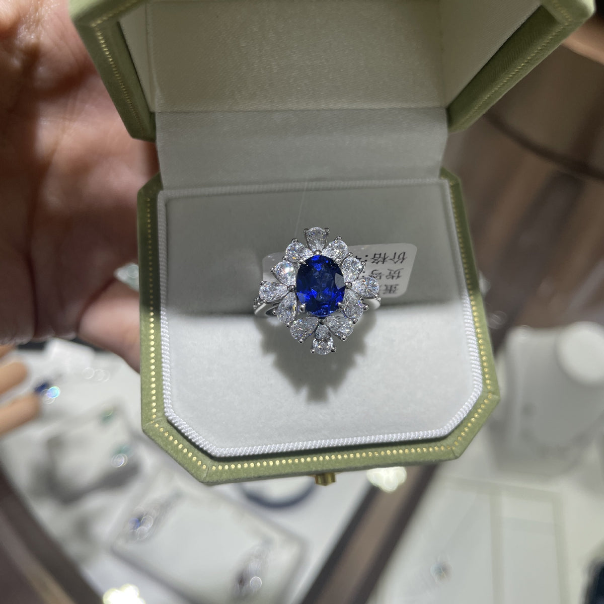Oval Blue Sapphire Halo Ring for Women, Sterling Silver Look Statement Ring, Promise Ring, Gift Ring product image