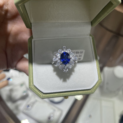 Oval Blue Sapphire Halo Ring for Women, Sterling Silver Look Statement Ring, Promise Ring, Gift Ring