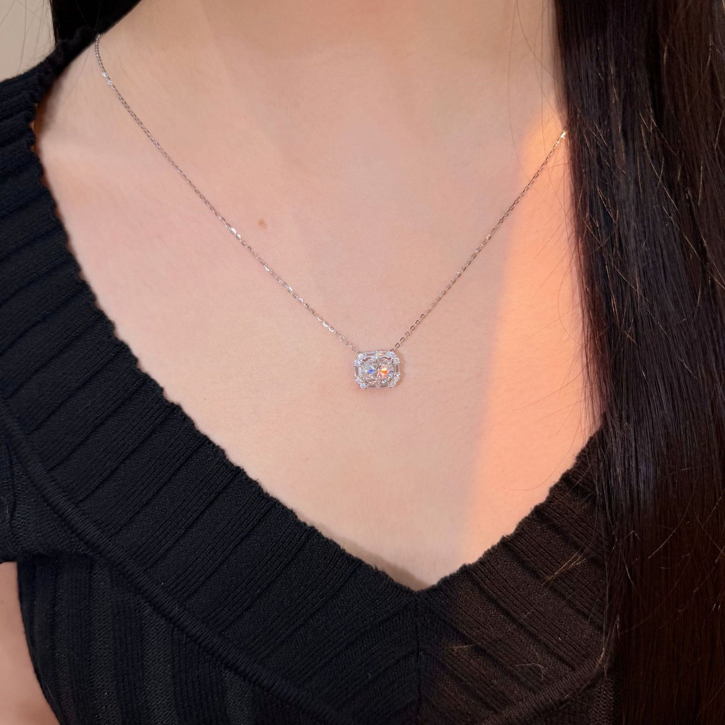 2 Carat Moissanite Pendant Necklace, S925 Silver Snake Chain Halo Pendant, Clear Green Blue product image