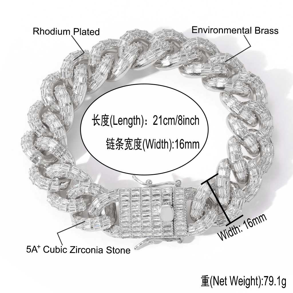 Hip Hop Light Luxury Square Cuban Link Cubic Zirconia Bracelet for Men
