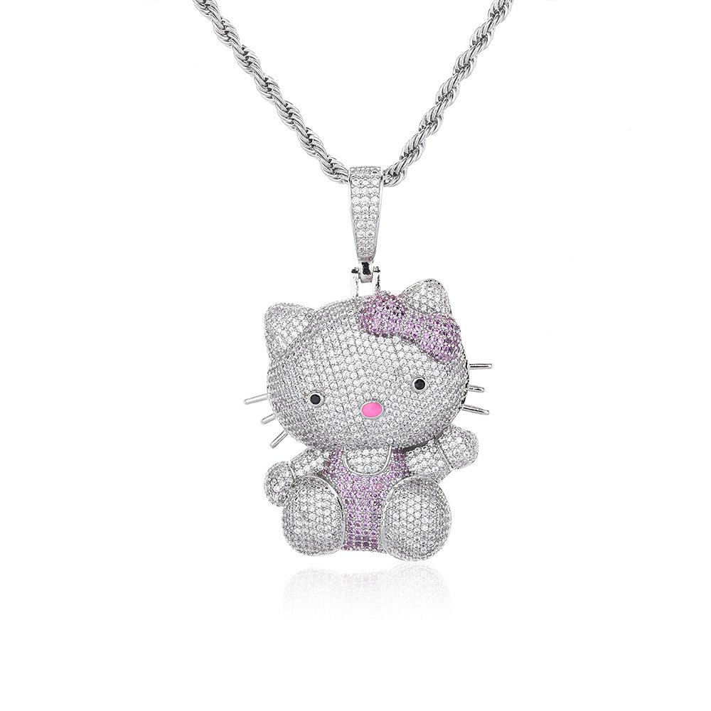 Cartoon Cat Rhinestone Pendant Necklace, Twisted Rope Chain, Cute Women's Jewelry product image