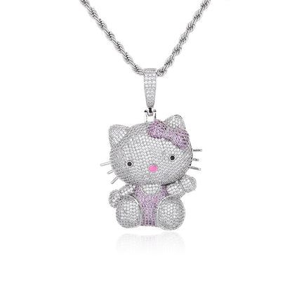 Cartoon Cat Rhinestone Pendant Necklace, Twisted Rope Chain, Cute Women's Jewelry