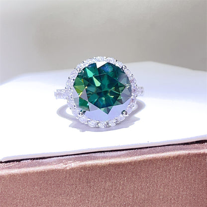 Green Moissanite Halo Ring for Women, 5 Carat Round Statement Engagement Ring