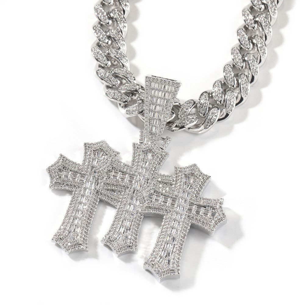 Iced Triple Cross Pendant Necklace with 12mm Cuban Chain for Women and Men - Gold, Silver, or Two Tone Cubic Zirconia Statement Chain