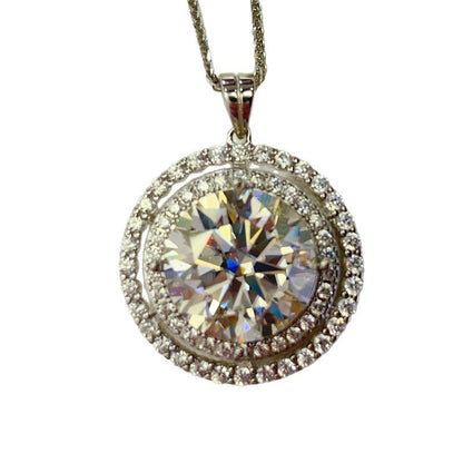 10 Carat Moissanite Double Halo Round Pendant Necklace in Silver Tone