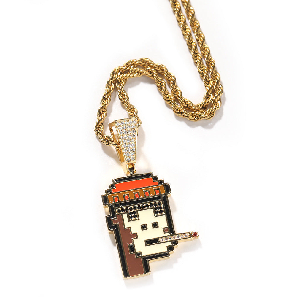 Cartoon Pixel Face Pendant Necklace with Cubic Zirconia Twisted Chain for Women and Teen Girls