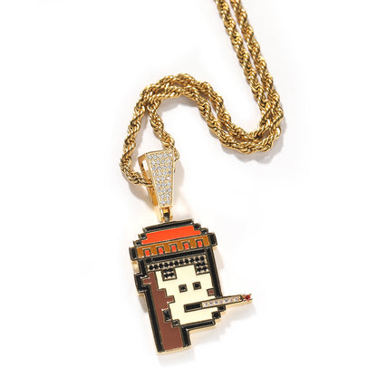 Cartoon Pixel Face Pendant Necklace with Cubic Zirconia Twisted Chain for Women and Teen Girls