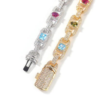 Unisex Geometric Cuban Link Necklace & Bracelet Set with Cubic Zirconia, Gold or Silver Tone Statement Chain Jewelry