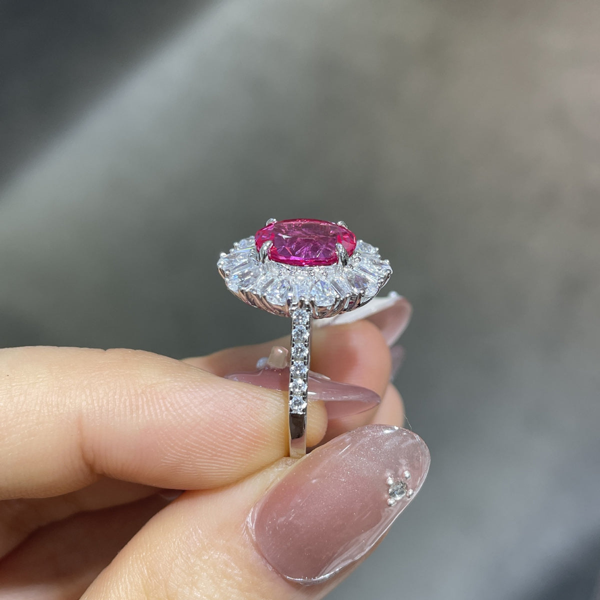 925 Silver Oval Pink Sapphire Halo Ring, 3 Carat Promise Ring for Women product image