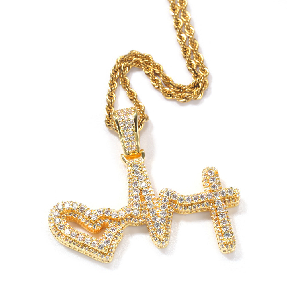 Iced Heartbeat Heart Pendant Necklace with Cubic Zirconia Twisted Chain for Women & Men