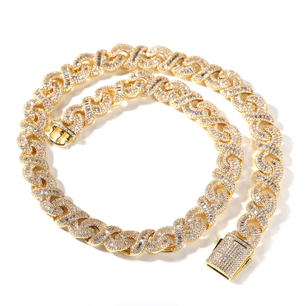 Infinity Link Cuban Chain Necklace & Bracelet with Cubic Zirconia - Unisex Statement Pendant Chain in Gold Plated or Silver Plated