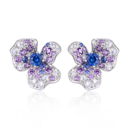 Irregular Flower Stud Earrings, Blue Crystal, S925 18K Plated