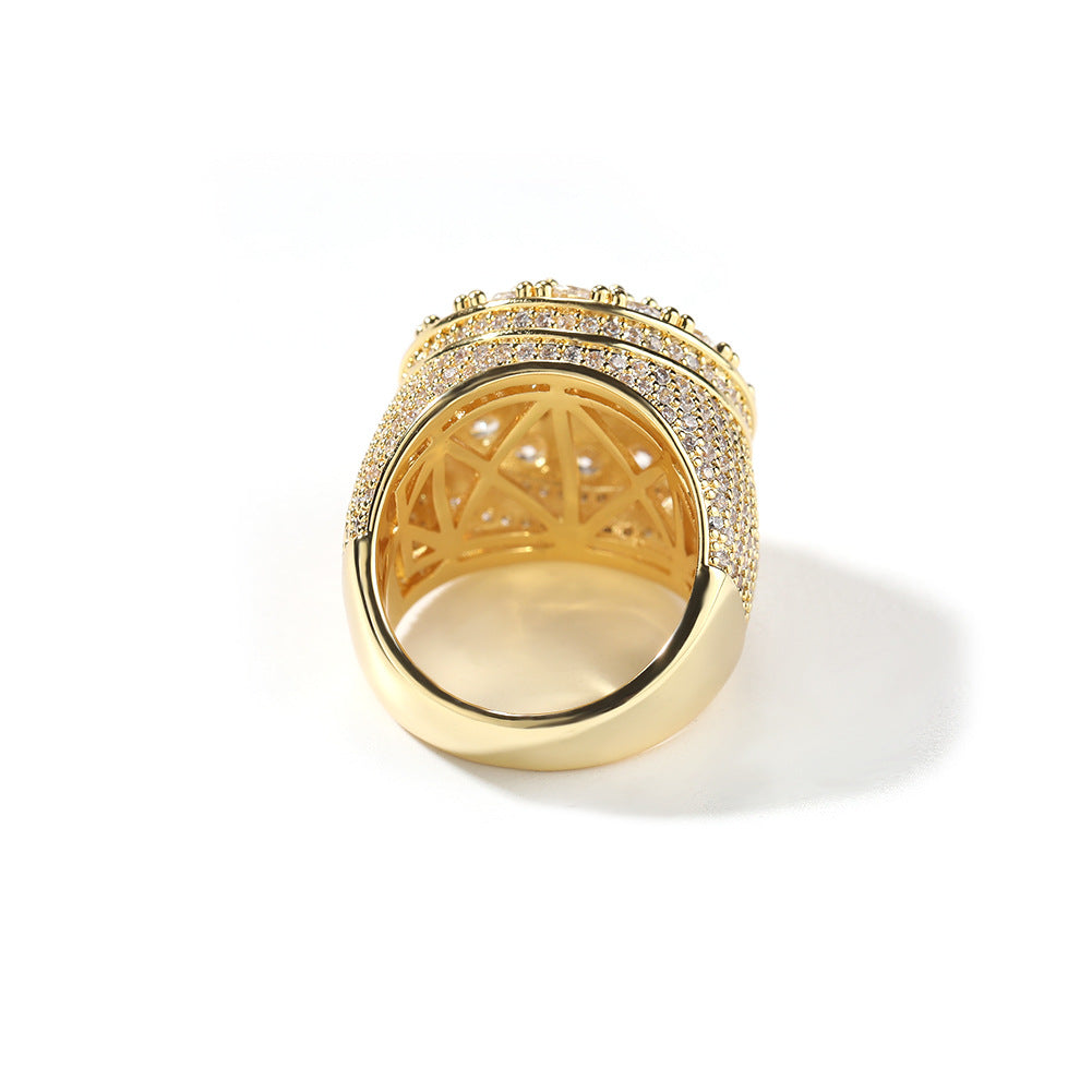 Men’s Gold Plated Flower Cluster Cubic Zirconia Statement Ring – Round Hip Hop Style