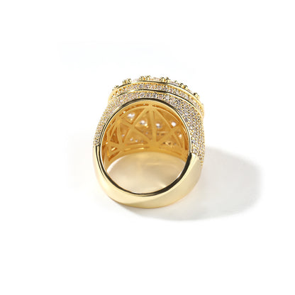 Men’s Gold Plated Flower Cluster Cubic Zirconia Statement Ring – Round Hip Hop Style