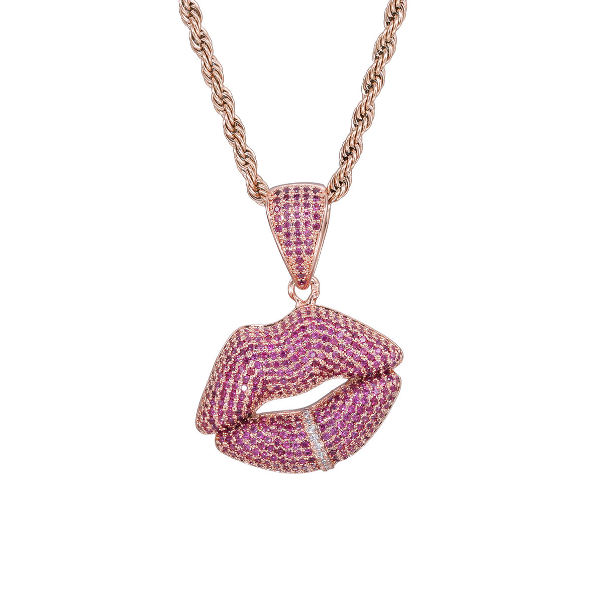 Rose-Tone Zircon Lips Pendant Rope Chain Necklace for Men product image