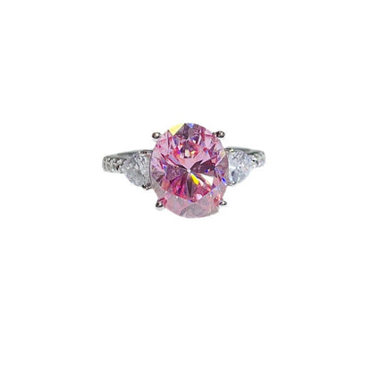 Pink Oval Moissanite Ring for Women, 5 Carat Three-Stone Engagement Ring with Side Accents