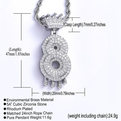 Hip Hop Crown Number Teardrop Cubic Zirconia Pendant Necklace for Men and Women
