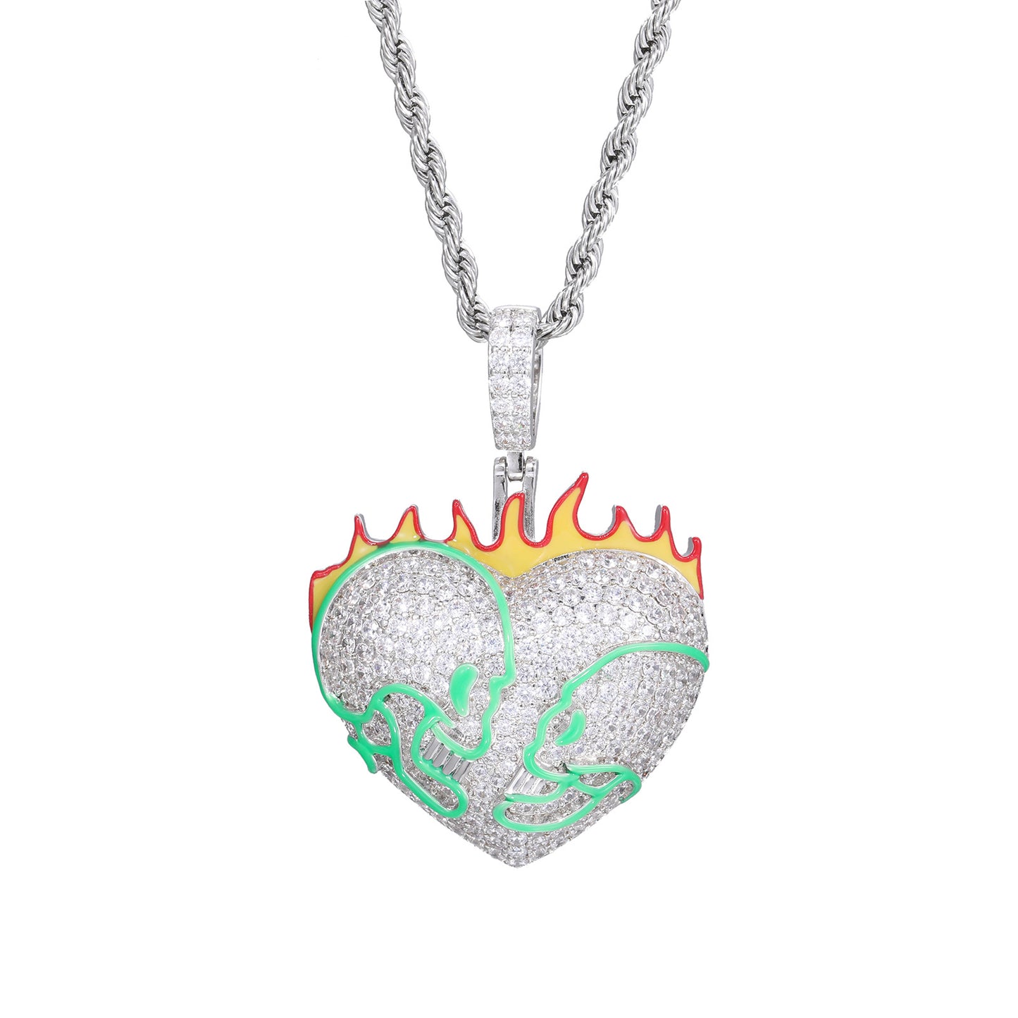 Iced Out Flaming Skull Heart Pendant Necklace for Men - Silver Tone Copper Hip Hop Chain with Cubic Zirconia product image