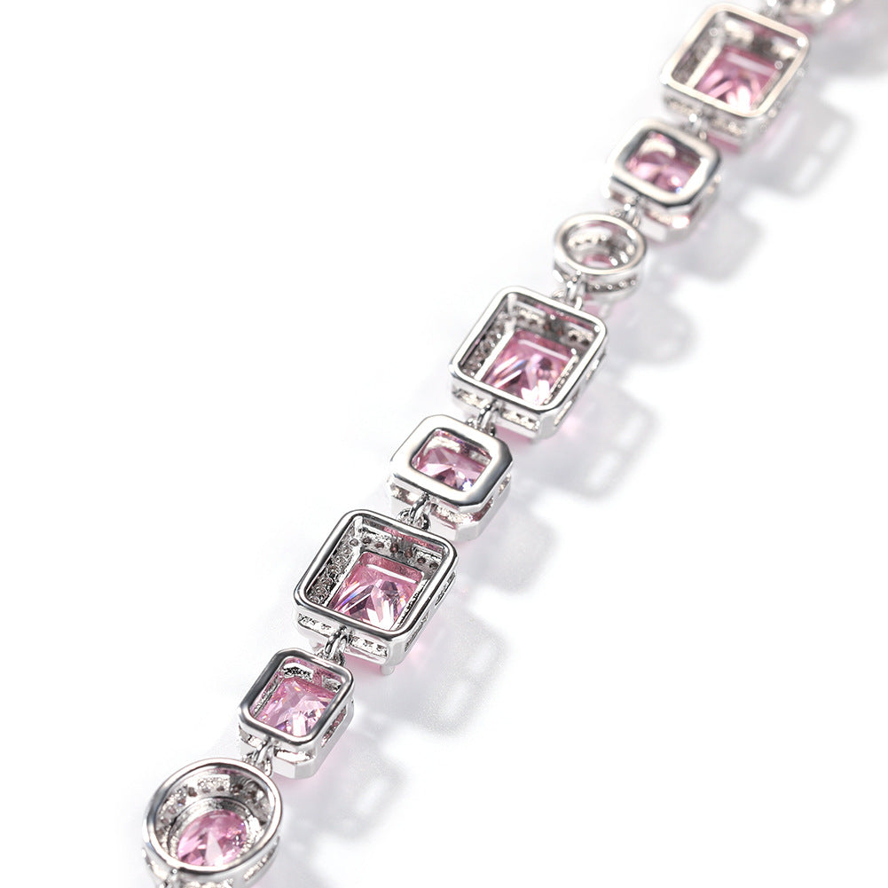 Elegant Pink Cubic Zirconia Link Bracelet for Women in Silver Tone - Round & Square Statement Chain Bracelet