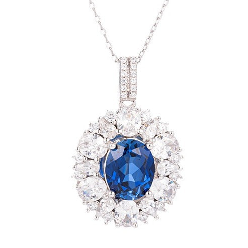 Blue Sapphire Oval Halo Jewelry Set, Necklace Earrings Ring, Silver-Tone product image