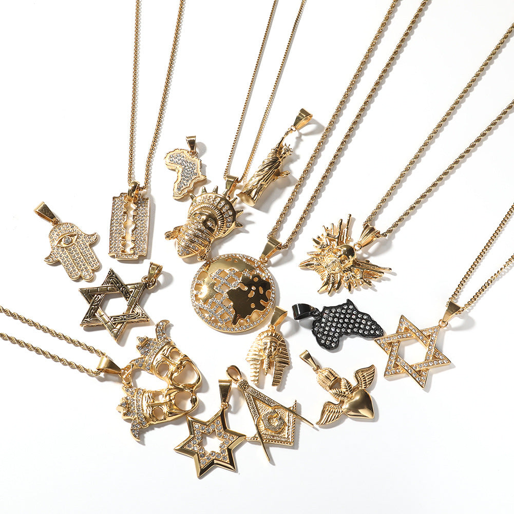 Hip Hop Stainless Steel Pendant Necklace for Men & Women – Iced Star, Map, Statue & Skull Chain Necklace Collection