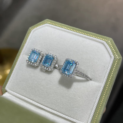 Blue Emerald-Cut Moissanite Ring & Earrings Set, 1-Carat, 18K Gold Plated S925 Silver