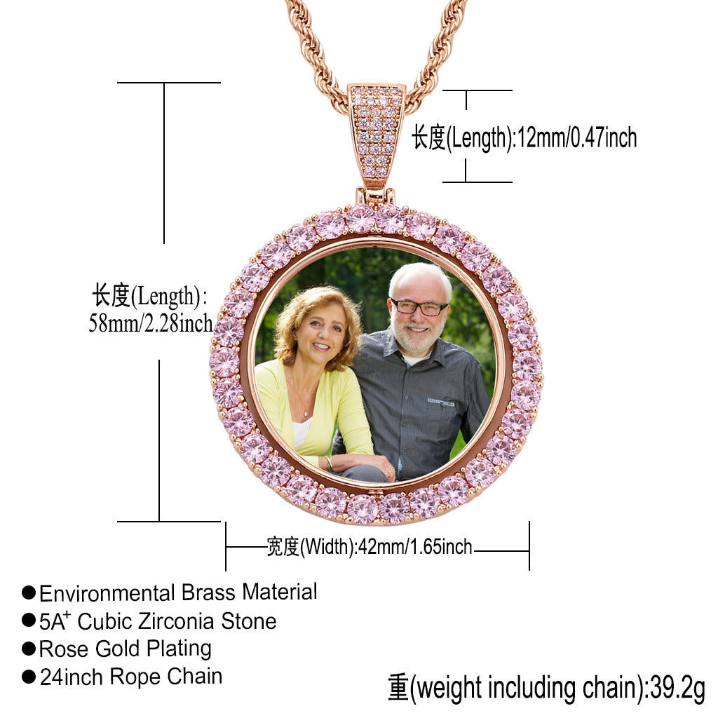 Hip Hop Round Photo Frame Copper Pendant Necklace for Men and Women