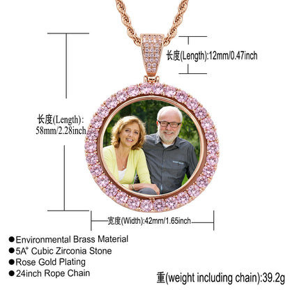 Hip Hop Round Photo Frame Copper Pendant Necklace for Men and Women