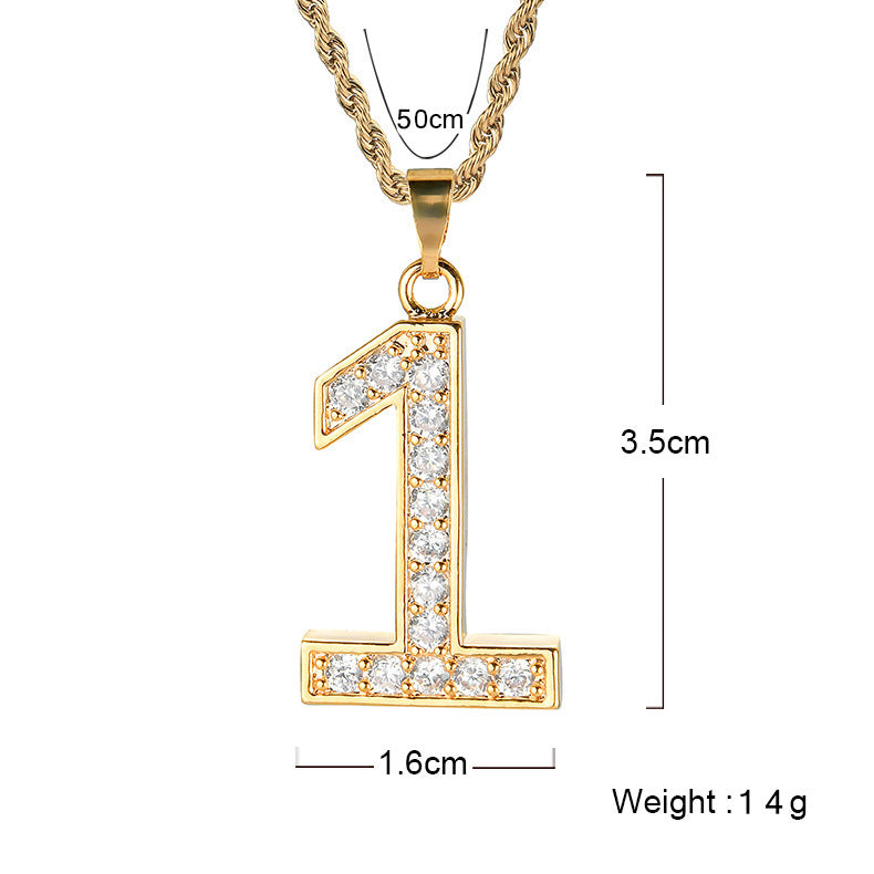 Hip Hop Light Luxury Number Cubic Zirconia Pendant Necklace for Men and Women