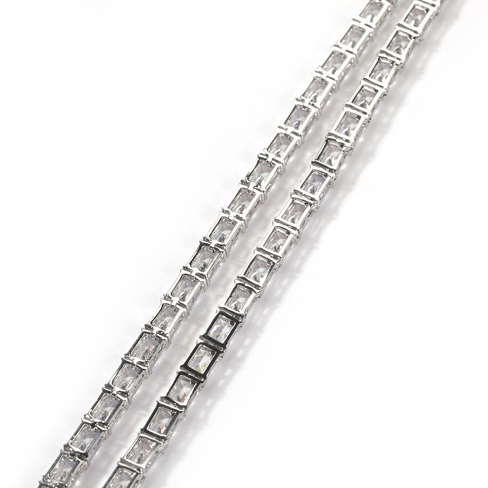 Unisex Rectangular Cubic Zirconia Tennis Chain Necklace in Gold or Silver Plated Copper
