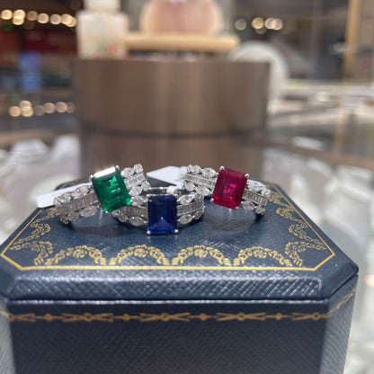 18K Gold Plated Colored Stone Ring for Women, S925 Silver Halo Ring with Rectangular Lab-Grown Center Stone
