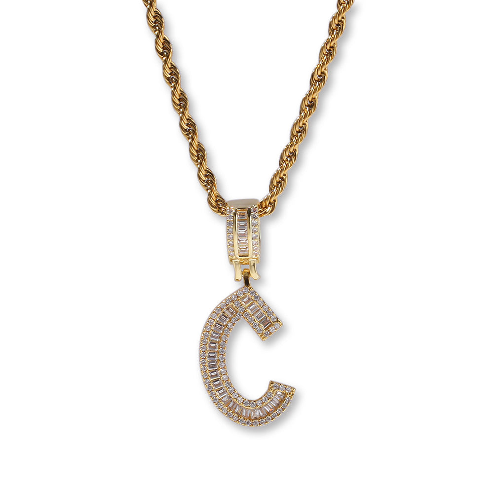 Iced Out Initial Letter Pendant Necklace with Cuban Twist Chain - Gold or Silver Tone Cubic Zirconia Alphabet Charm Necklace for Women & Men