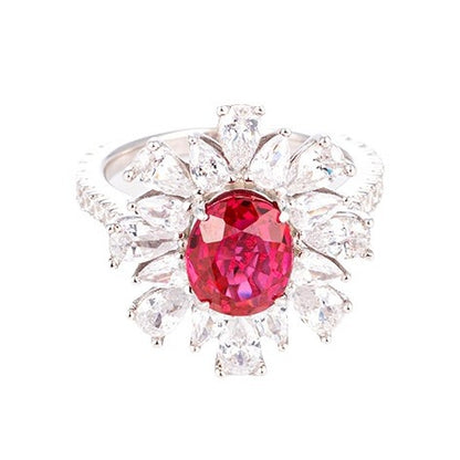 Lab-Grown Ruby Halo Ring for Women, Oval Red Gemstone Floral Ring