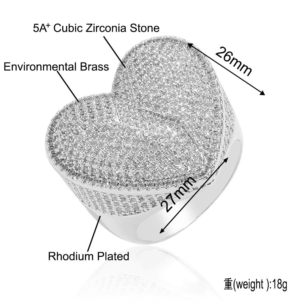 Hip Hop Heart Cubic Zirconia Ring for Men