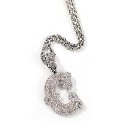 Iced Bubble Letter Pendant Necklace for Women & Men – Cubic Zirconia Initial Chain in Gold, Silver & Rose Gold, 24 Inch Twist Chain