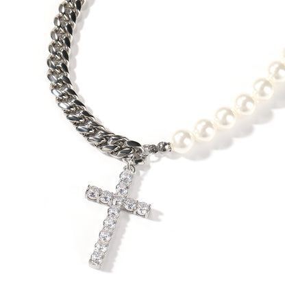 Unisex Pearl Chain Cross Pendant Necklace in Stainless Steel