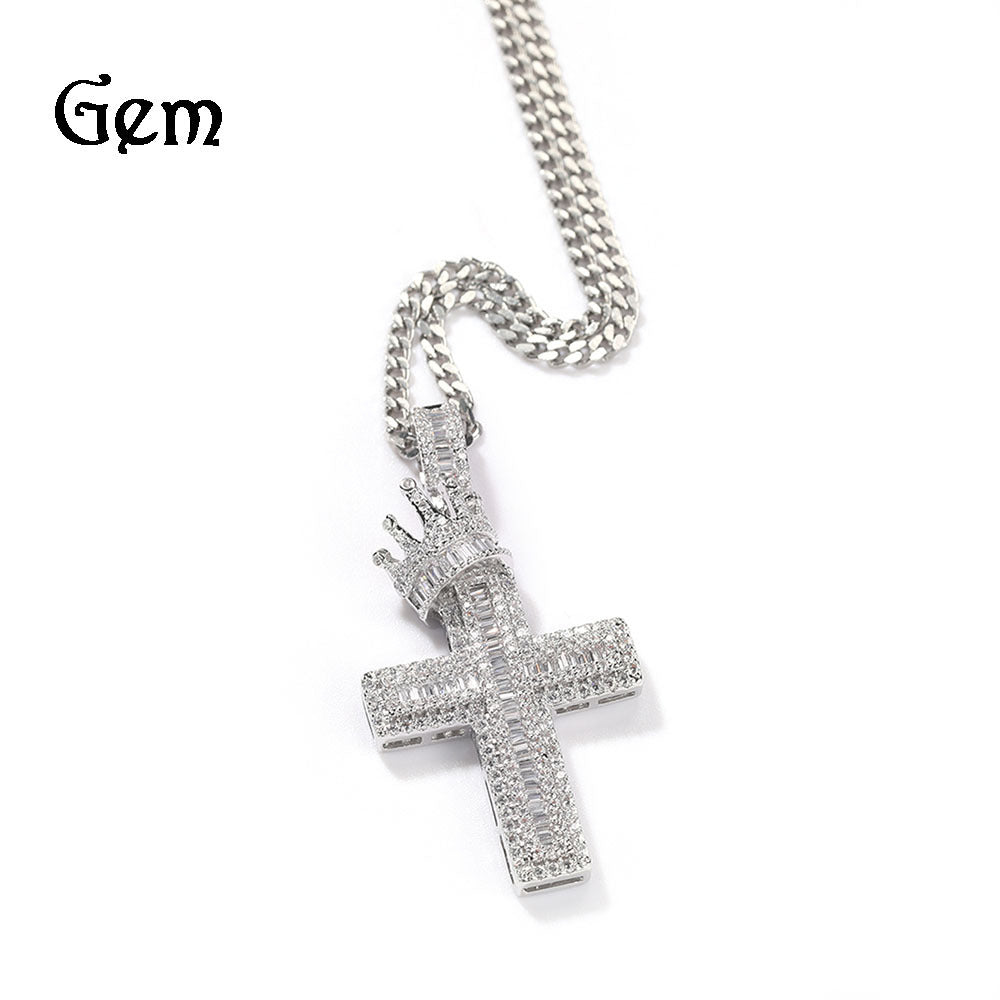 Iced Out Cross Pendant Necklace with Crown Detail for Men & Women - Cubic Zirconia Statement Chain in Gold or Silver