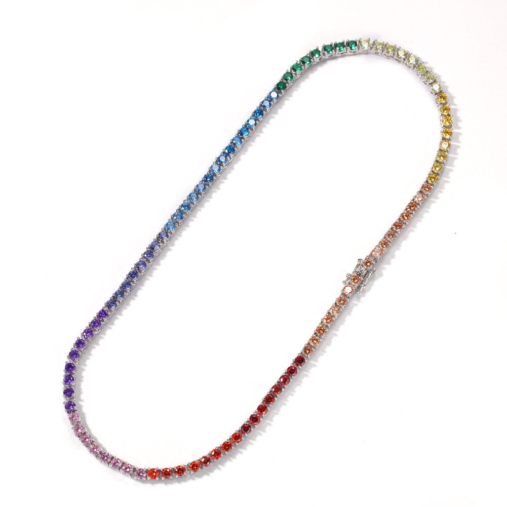 Unisex Rainbow Tennis Chain Necklace with Cubic Zirconia Pendant Look, Gold Plated & Silver Plated Statement Jewelry