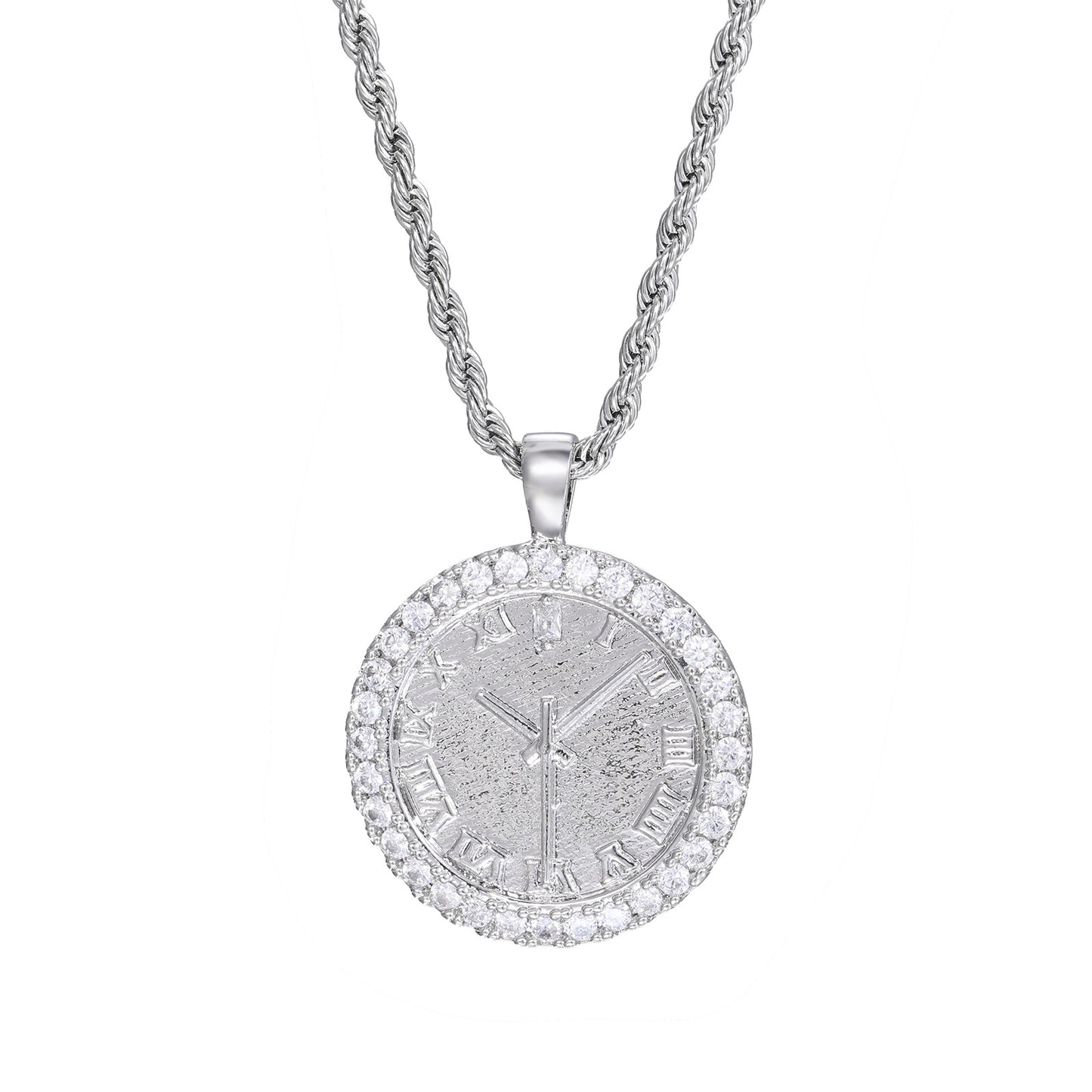 Iced Out Roman Numeral Clock Pendant Necklace in 925 Silver Tone with Cubic Zirconia product image
