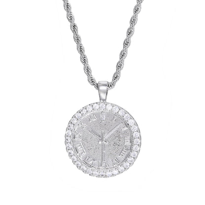 Iced Out Roman Numeral Clock Pendant Necklace in 925 Silver Tone with Cubic Zirconia