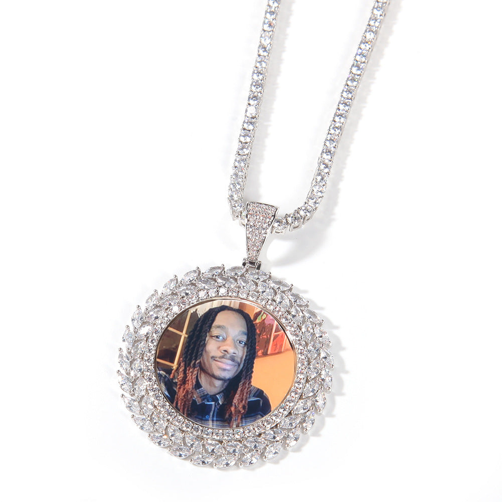 Custom Wheat Leaf Photo Pendant Necklace with Cubic Zirconia Twisted Chain for Women and Men